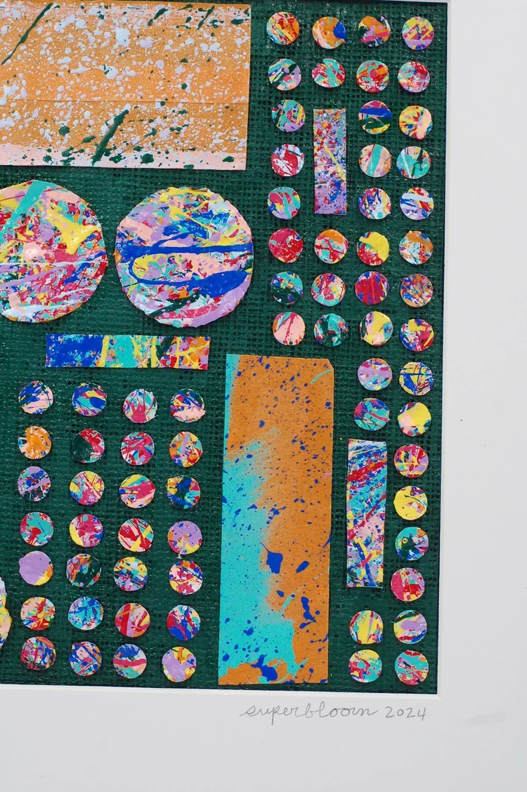 Close-up detail of SUPERBLOOM’s Repurpose No. 2, showing large circular paint-splatter cutouts and textured upcycled linen in Offline Green