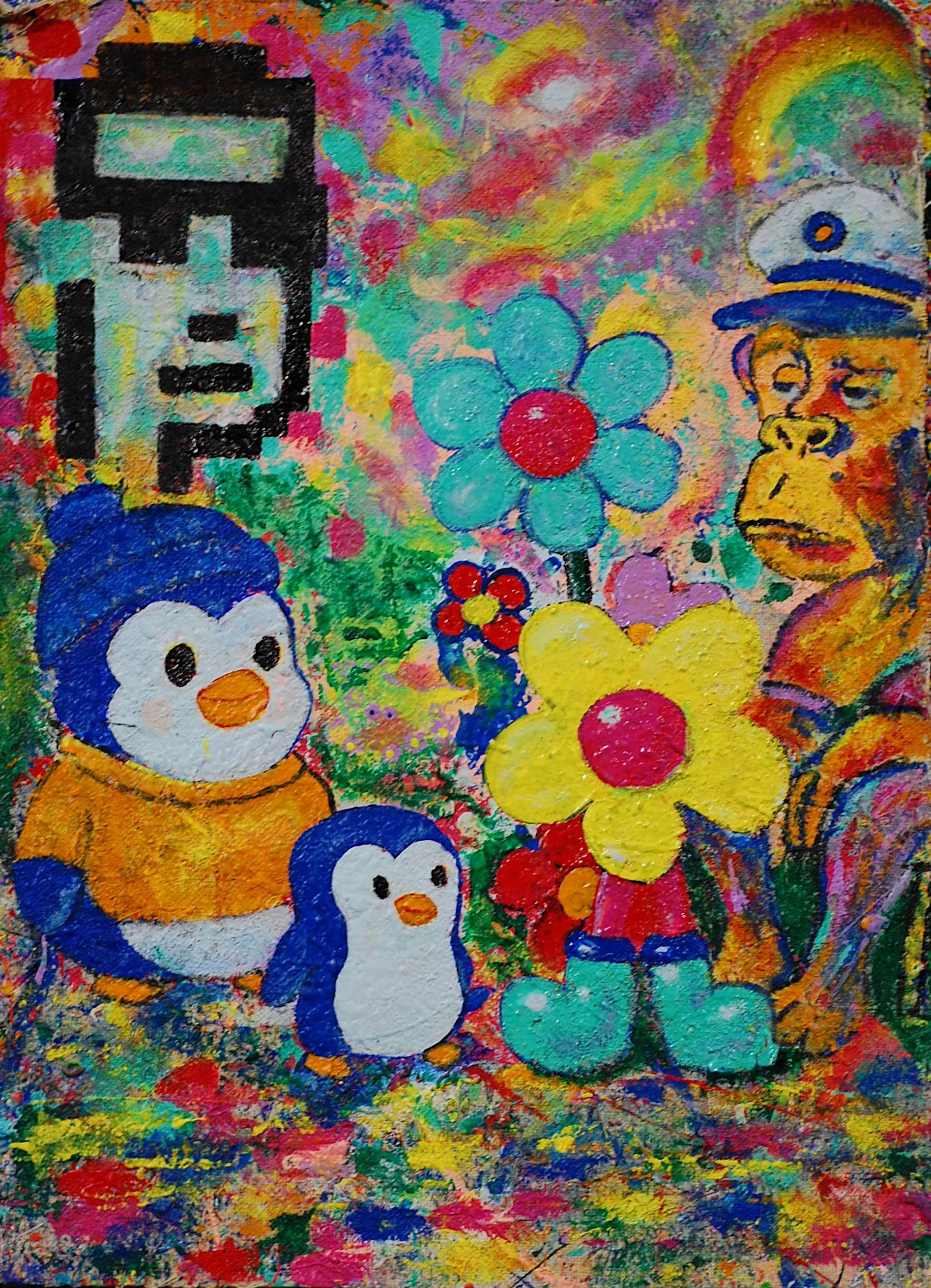 Close-up of SUPERBLOOM’s Mint Your Identity Bloomer painting showing textured color, Bloomer figure, Pudgy Penguins, Bored Ape, and CryptoPunk details.