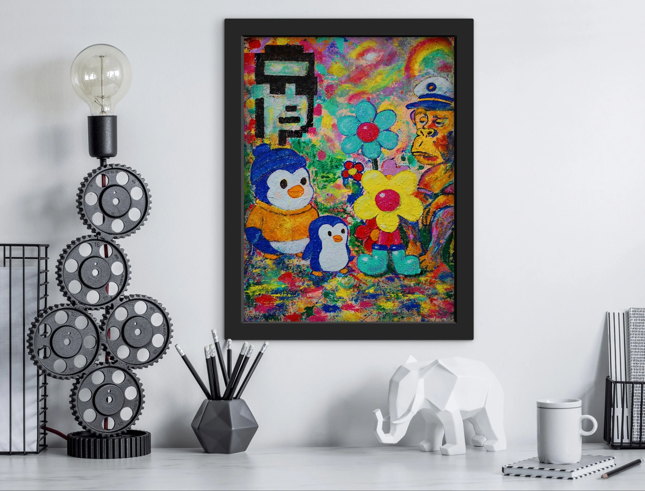 SUPERBLOOM’s Mint Your Identity art piece framed on a white office wall beside sculptural décor, geometric pencil holder, and elephant figurine.