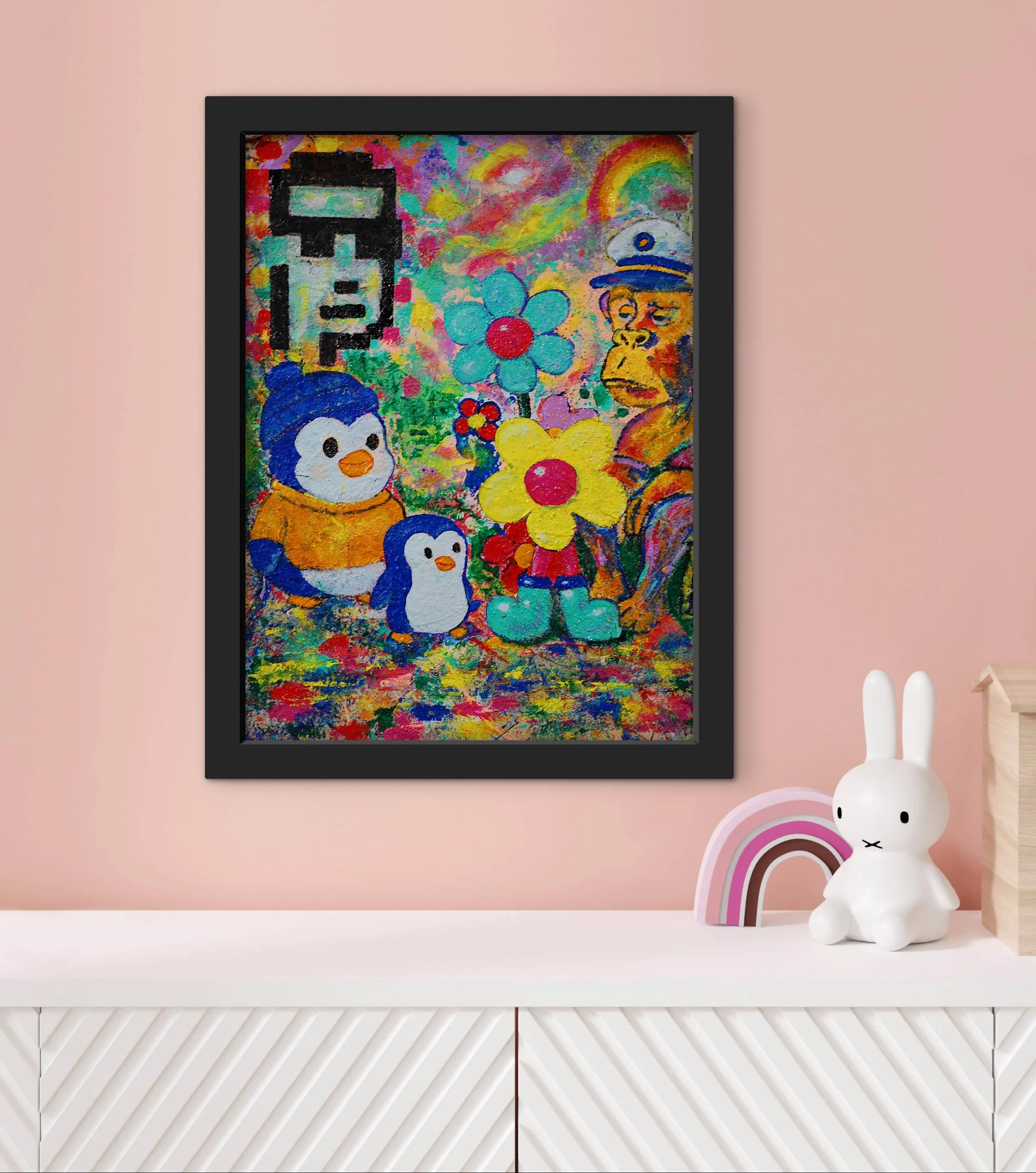Colorful SUPERBLOOM painting Mint Your Identity framed on a pastel pink wall above a white dresser with a rainbow decor piece and bunny figurine.