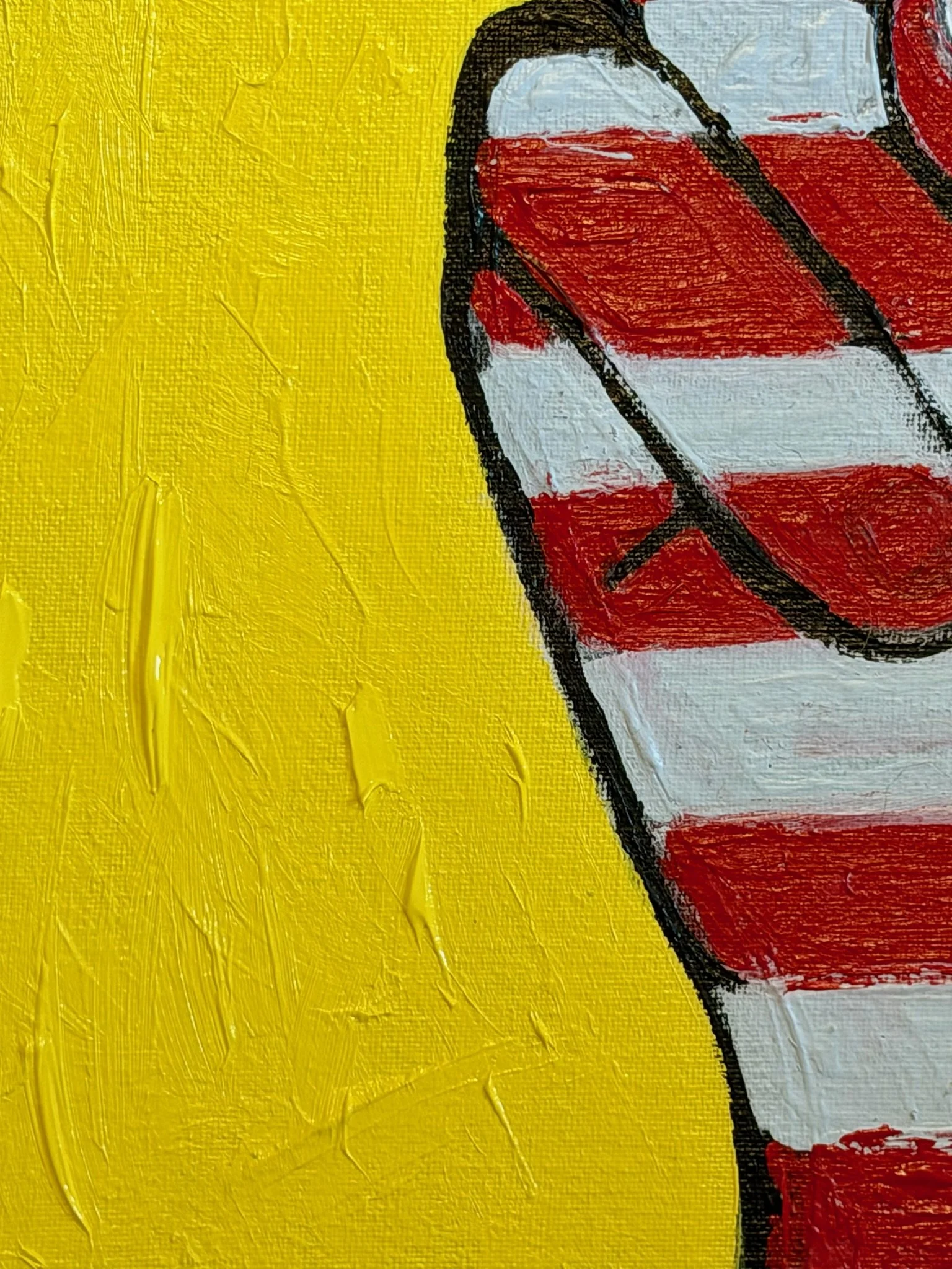Close-up of red and white painted stripes and black hand-drawn outlines against the textured yellow background of Peace, by SUPERBLOOM contemporary art