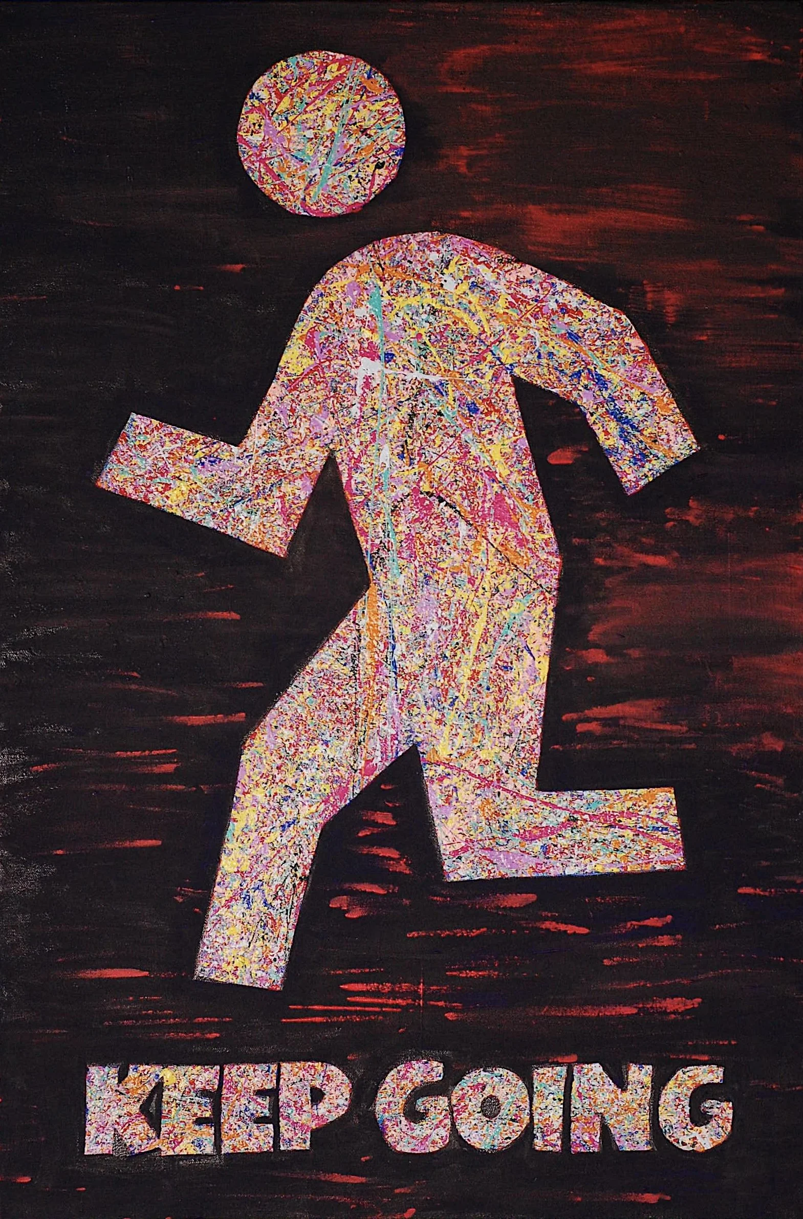 Keep Going original artwork displayed in a modern interior, featuring a multicolored figure in motion.