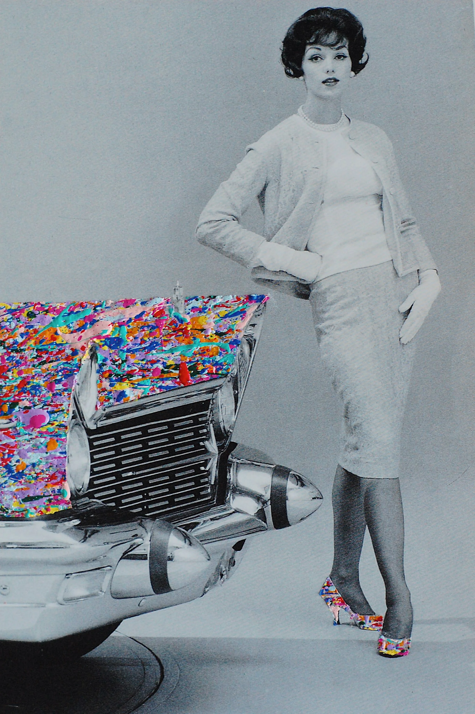 Front view of a 1960 Lincoln Continental featuring bold paint splatter details, juxtaposed with a vintage fashion model in a black-and-white studio setting.