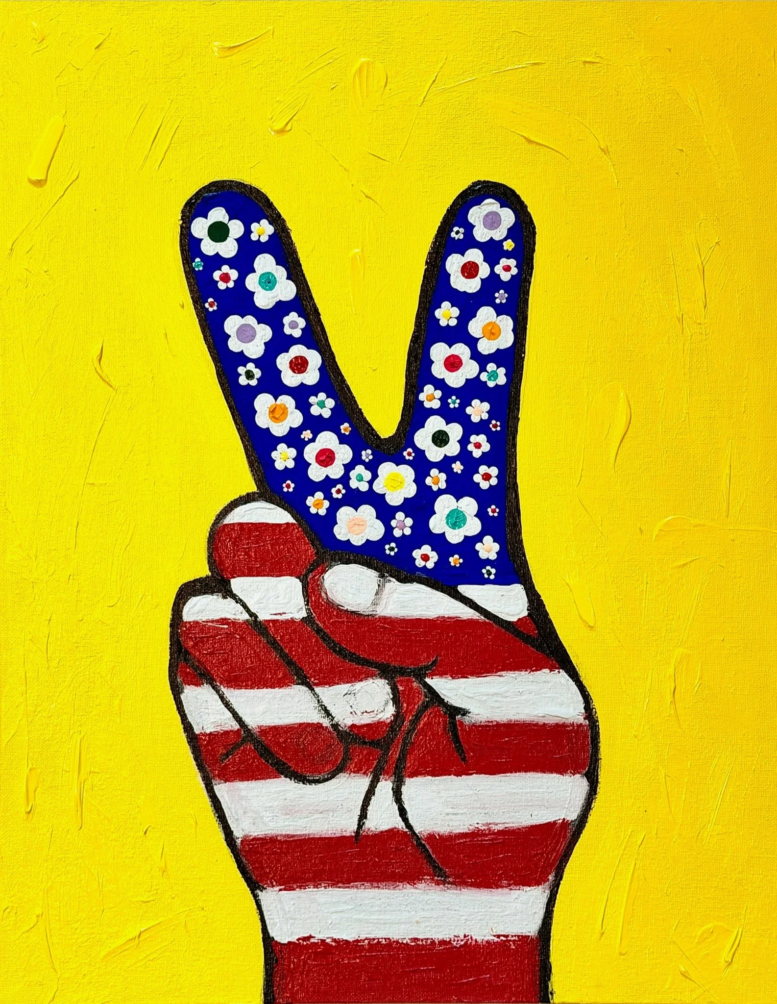 Full view of the original SUPERBLOOM painting showing a striped red and white hand forming a peace sign with flower-filled blue fingers against a textured yellow field.