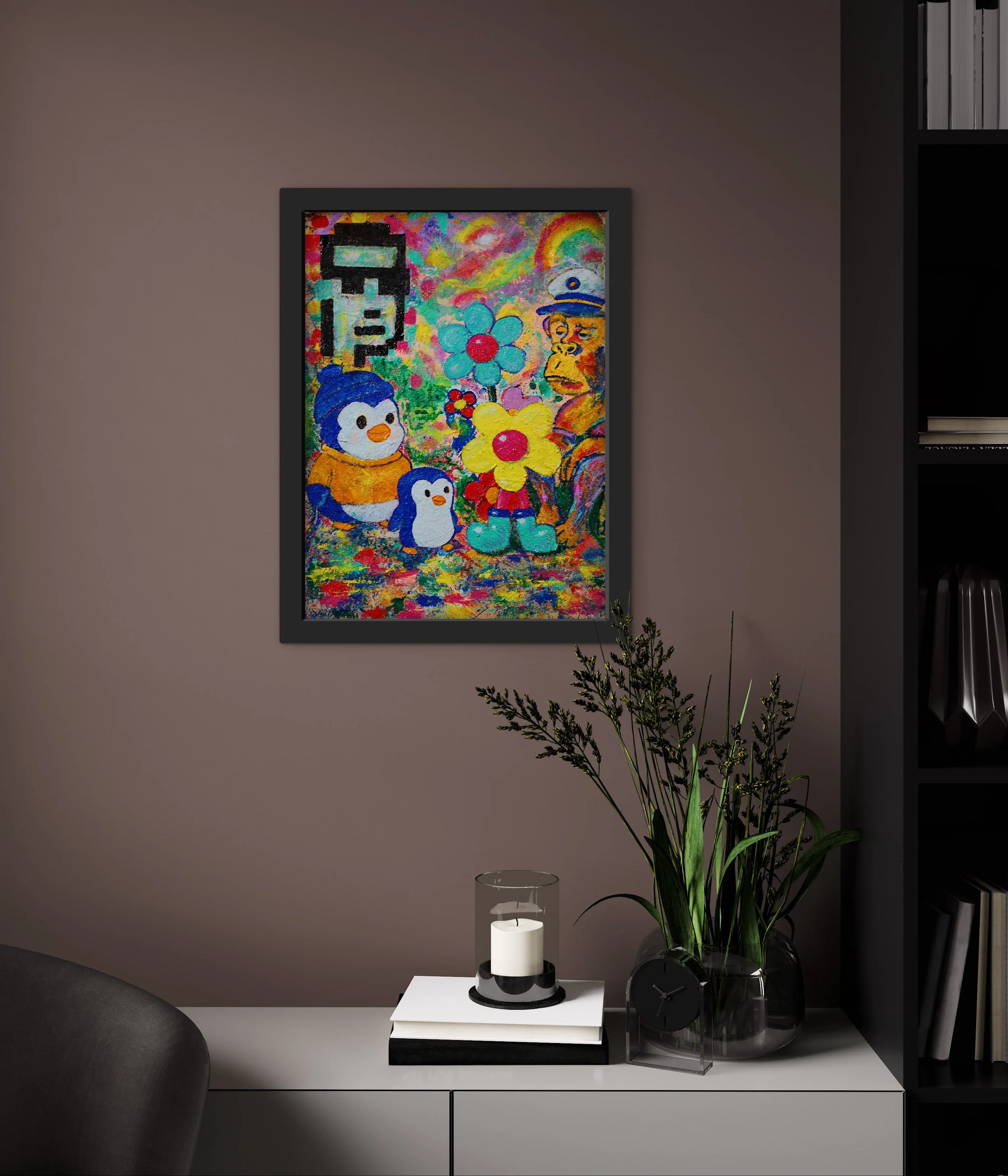 Framed SUPERBLOOM painting Mint Your Identity displayed on a taupe wall above a modern white console table with books, a candle, and greenery.