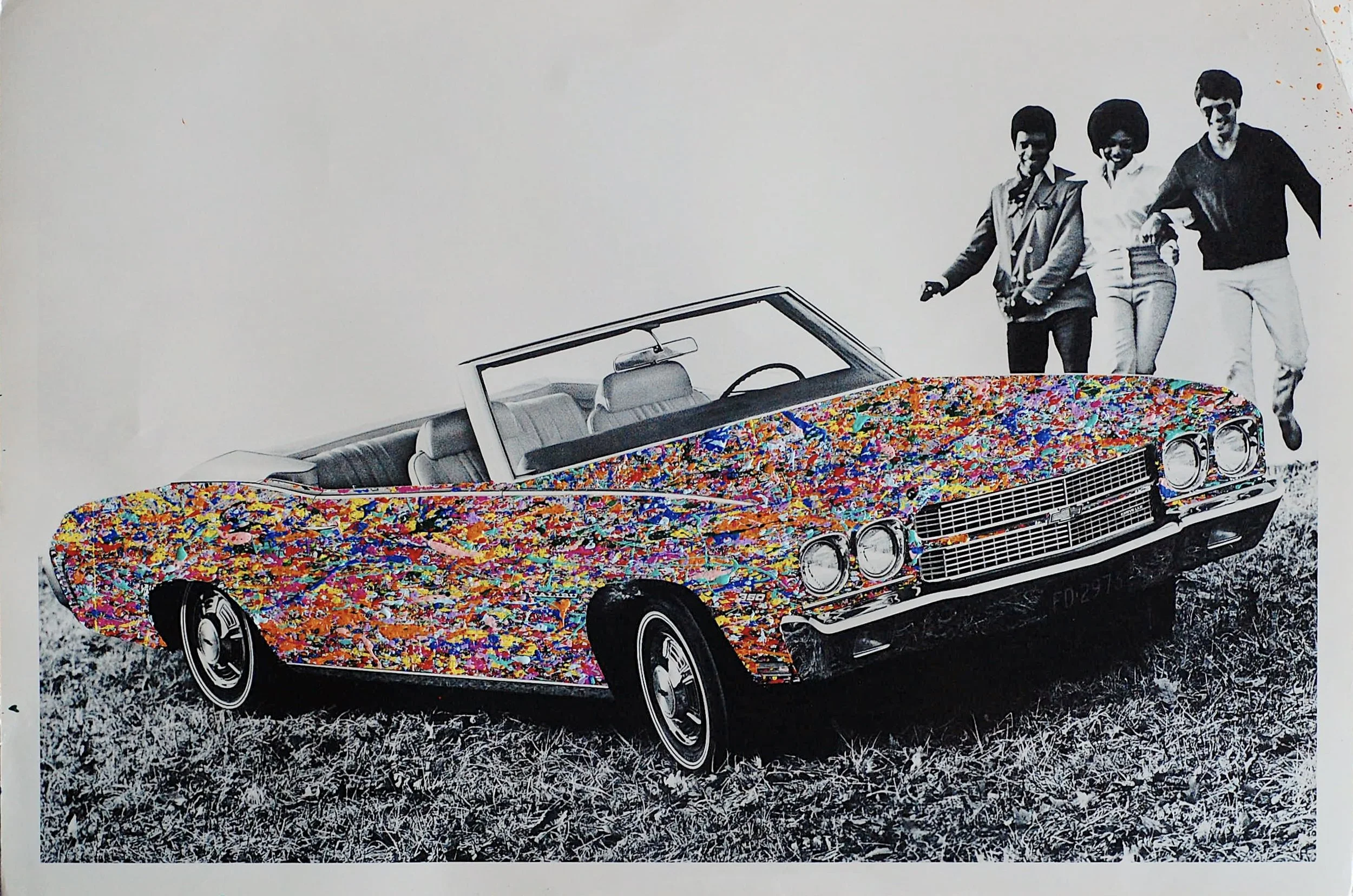 Vintage black-and-white photograph of a 1970 Chevy Malibu convertible with figures in the background, reimagined with colorful paint splatter across the car body.