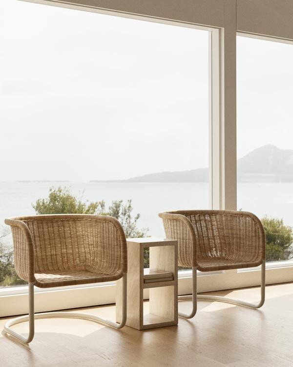 Icon, rattan chair, $795 and side table from Sarah Ellison