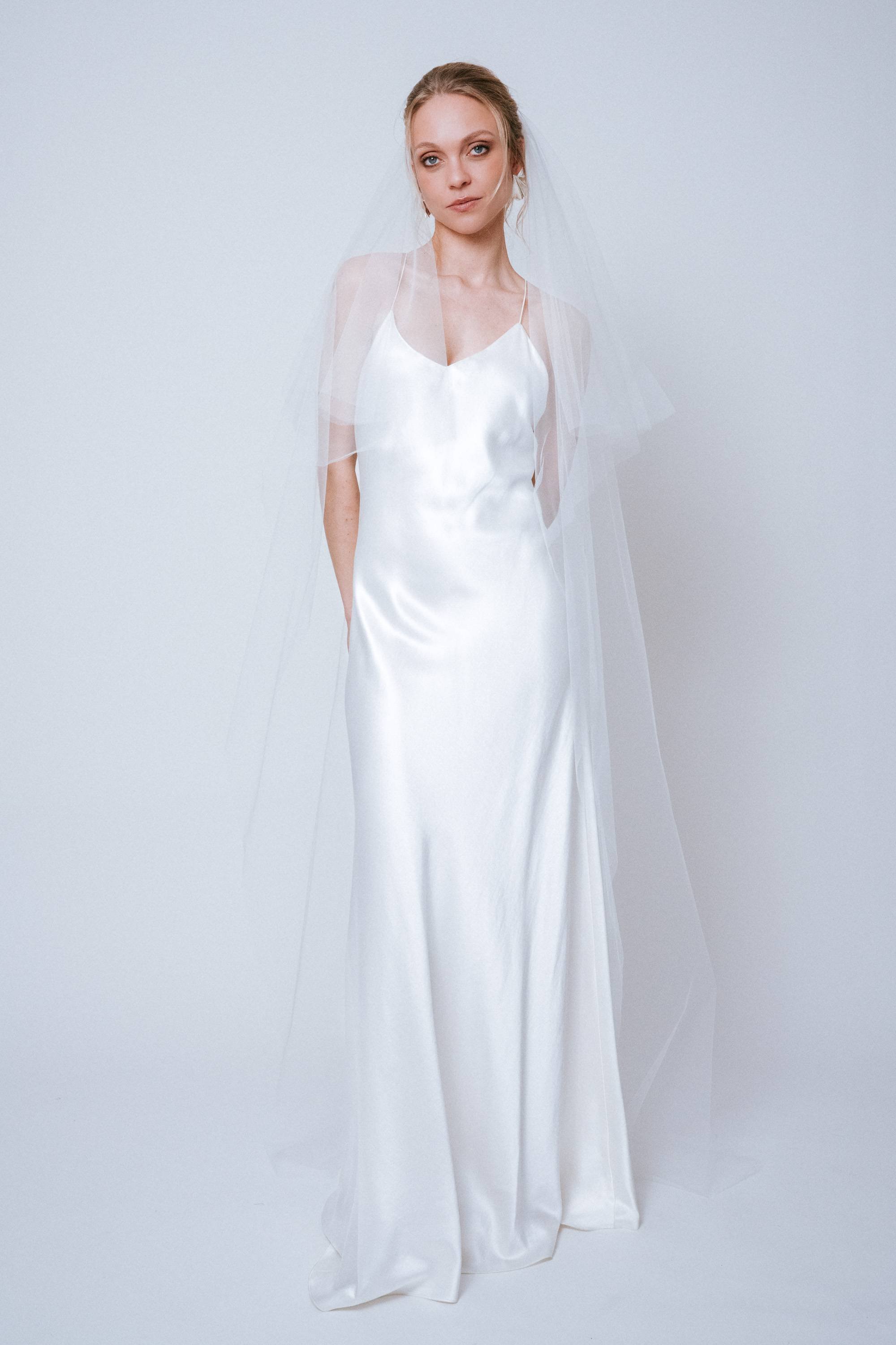 Front view of the Signature Veil with blusher layer flipped to the back, revealing full front and layered tulle