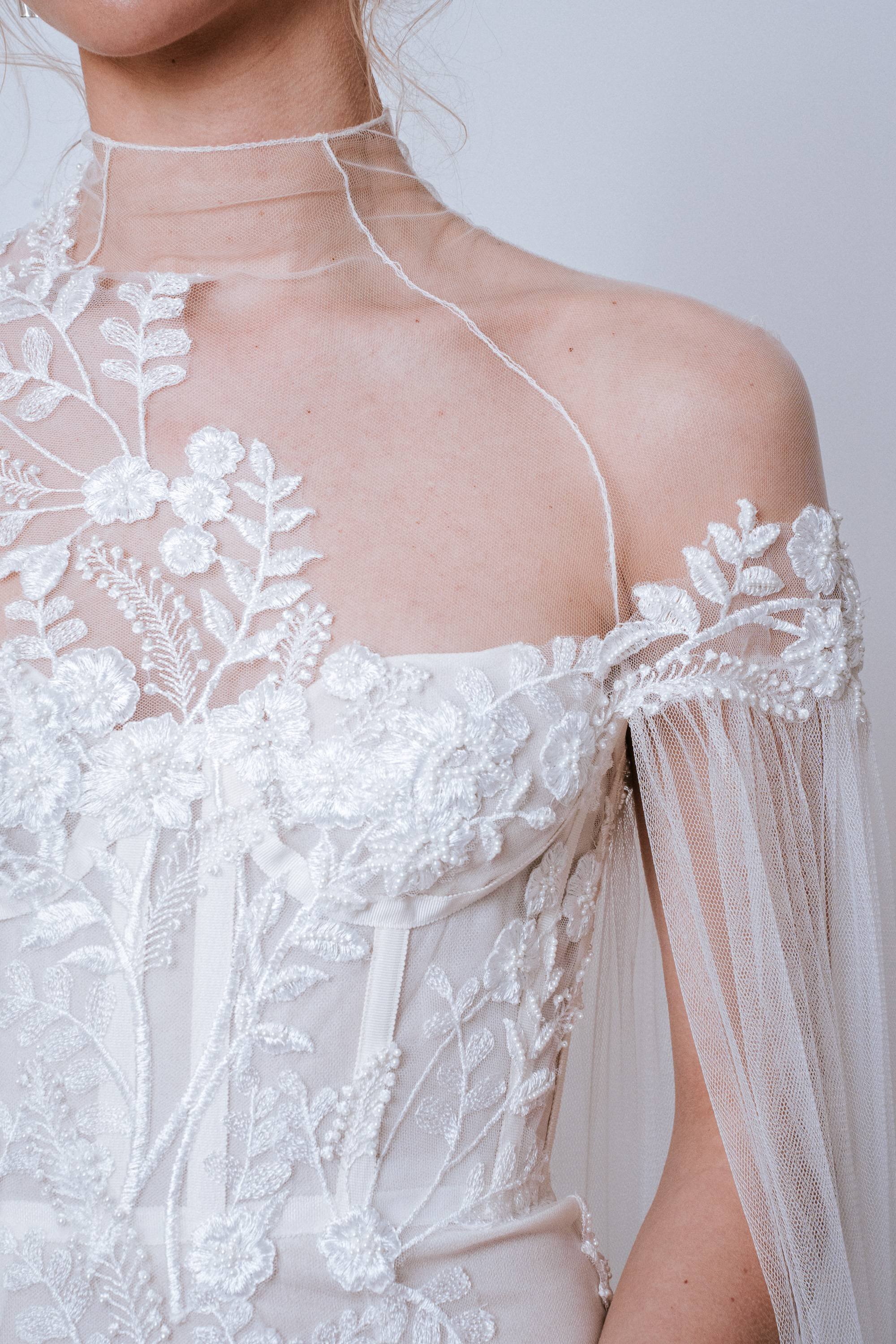 Detail shot of illusion shoulder with tattoo lace effect