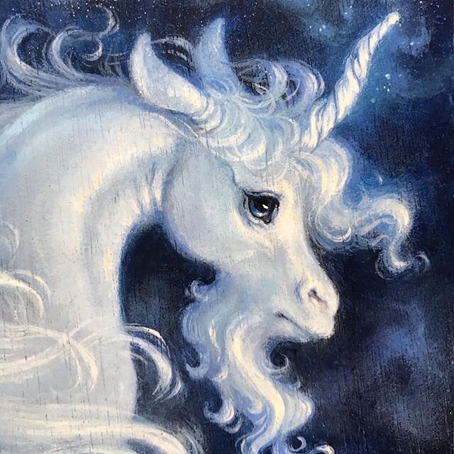 Junicorn day 3. &ldquo;Into the Eether.&rdquo; &ldquo;We are not always what we seem, and hardly ever what we dream.&rdquo;
Peter S. Beagle, The Last Unicorn.
4x4 inch acrylic on birch panel. Unframed (I&rsquo;m having difficulty finding 4x4 frames I