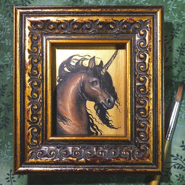 Here&rsquo;s a very tiny #junicorn painting! &ldquo;Gilded Grace&rdquo; is 2.5x3 inches. Acrylic on panel. Available in my shop this afternoon, link in bio! .
.
.
#junicorn2020 #unicornpainting #unicornpicture #unicornlife #unicornstuff #unicorntribe