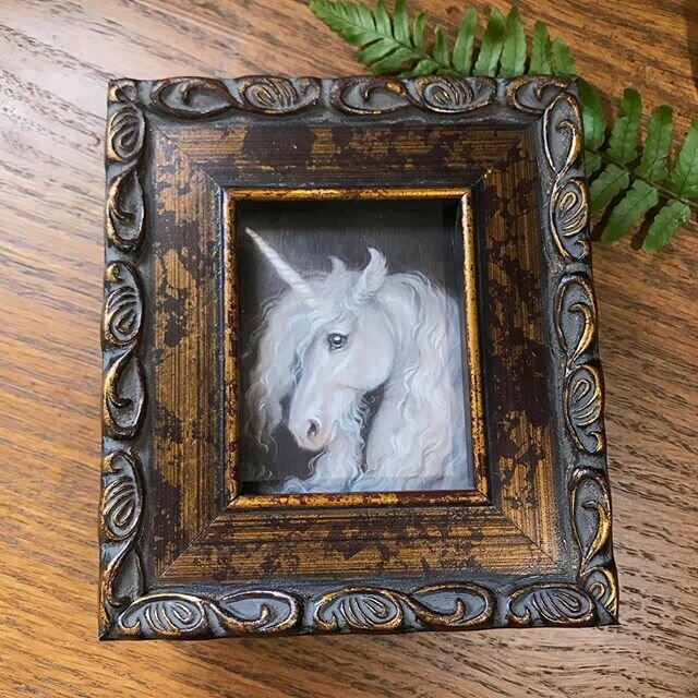 Tiny unicorn painting for #Junicorn art challenge. &ldquo;Pearl&rdquo; 2.5x3 inches, acrylic on panel. Framed. $65 USD. Link to shop in bio. .
.
.

#Unicorn #junicorn #junicorn2020  #unicornsquareisreal #unicornis #unicornhoofjazzle #unicorniolovers 