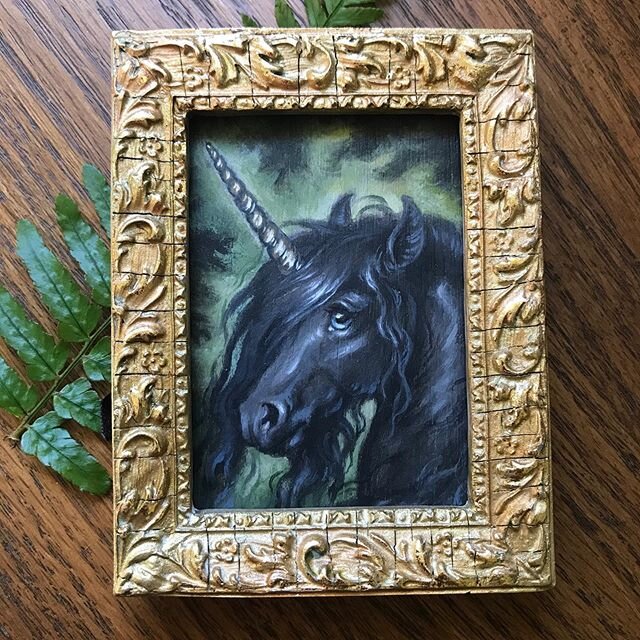 A tiny black unicorn mini painting for #Junicorn art challenge. 
2.5x3.5 inches, acrylic on panel, framed. $65 plus shipping. Available in my shop, see link in bio. .
.
.
#darkunicorn #unicorns #junicorn #junicorn2020 
#magicalhorses #mythical #mythi