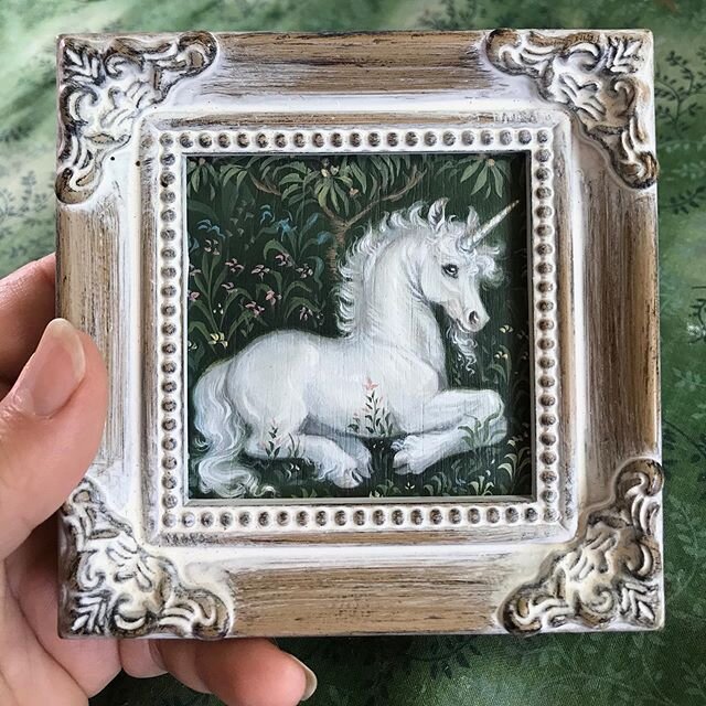 *SOLD* &ldquo;Tapestry&rdquo; mini unicorn painting for the Junicorn art challenge. Acrylic on panel, 3x3 inches, framed. Inspired by &ldquo;The Unicorn Rests  In a Garden&rdquo; from the famous late medieval/ early renaissance unicorn tapestries. $1