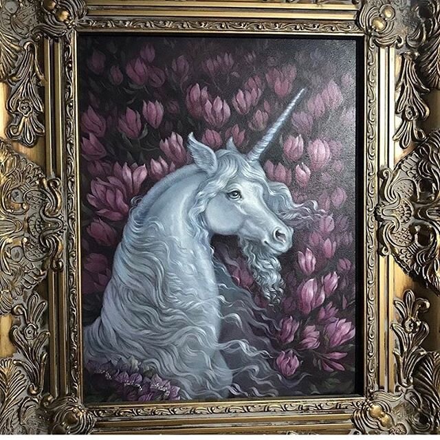 I hope you are all enjoying Junicorn! &ldquo;Kestra&rdquo; and &ldquo;Tenebrous&rdquo; are 2019 works, 11x14 acrylic on panel. Kestra is the silver unicorn among tulip magnolia blossoms. Tenebrous  is the dark unicorn among the star magnolias. Both o