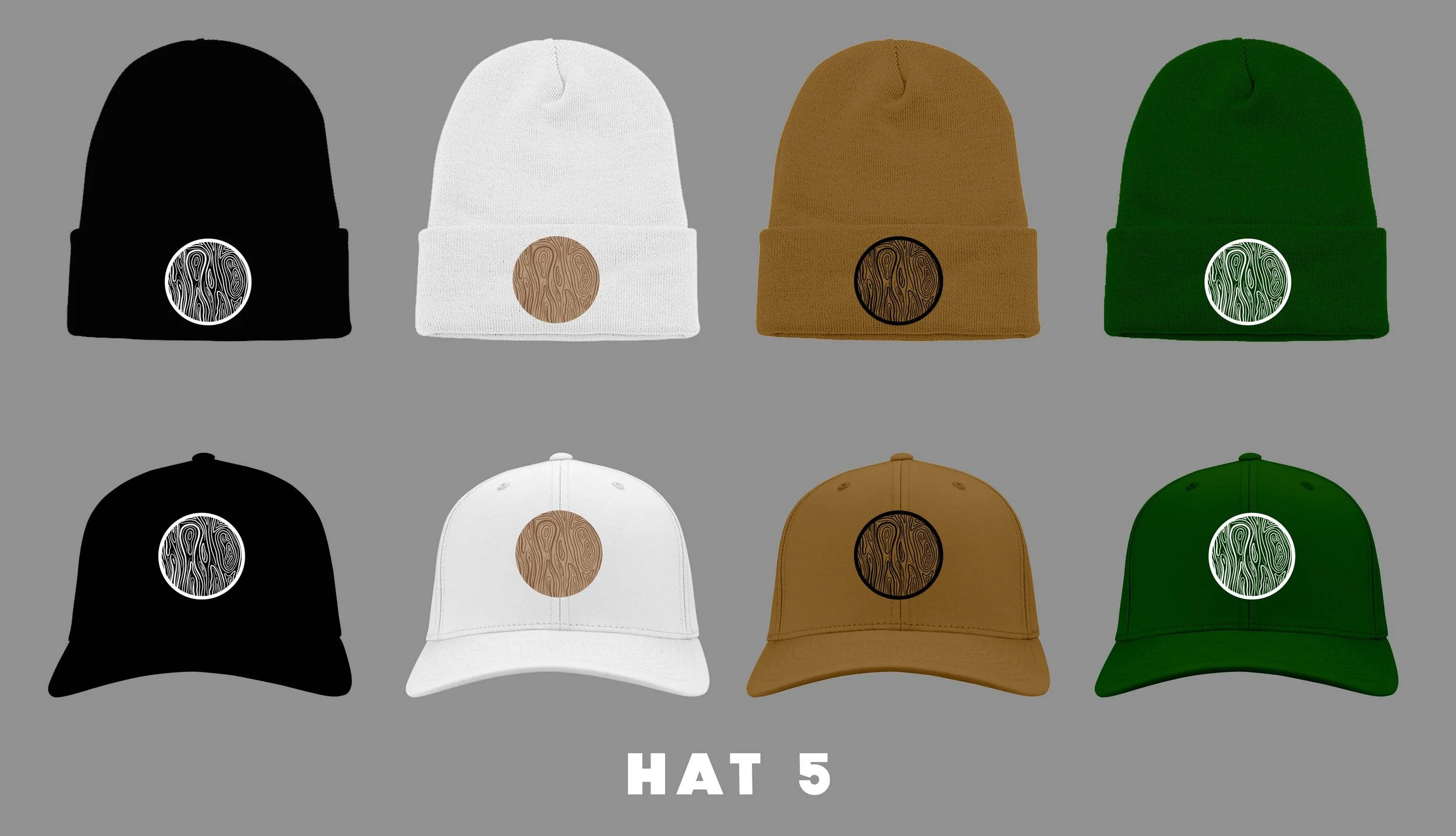  Mock-ups of some different color hats and logos. 