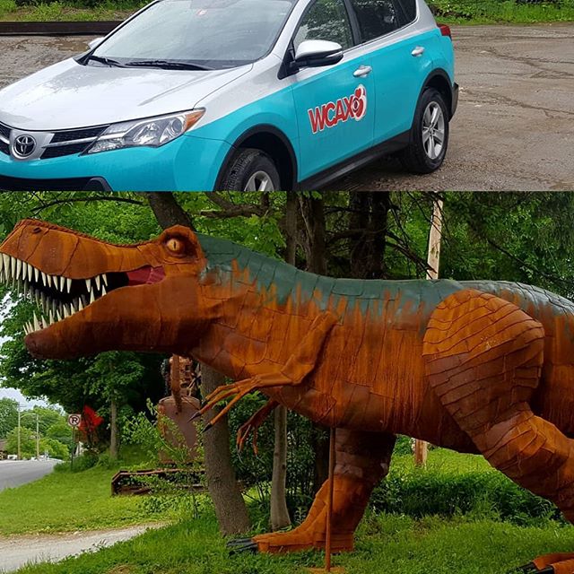 If you're able, check out WCAX channel 3 news tonight. Adam Sullivan stopped by to check out the T-rex. #macsteelvt #vermont #rutlandvermont #roadsideatttraction #trex #itsart  #metalart #wcax #localnews