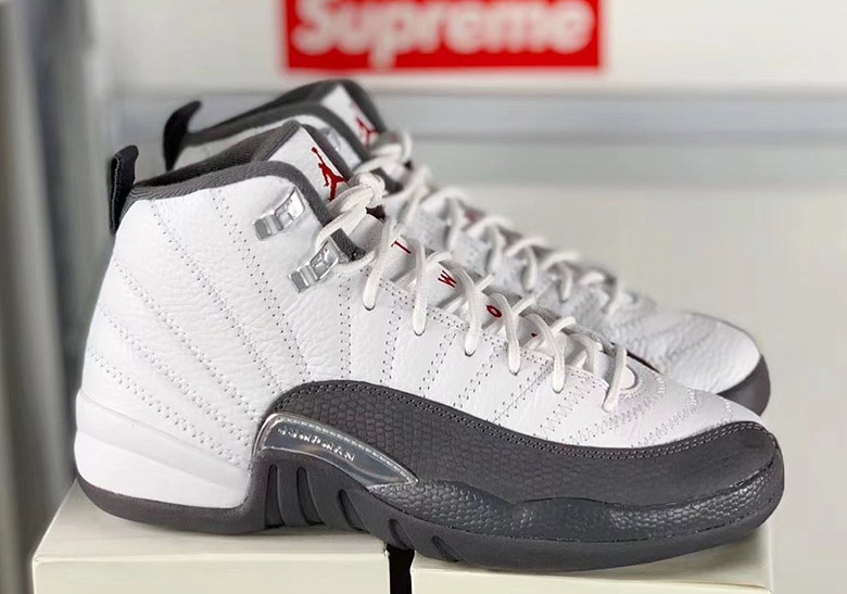 gray and red jordan 12