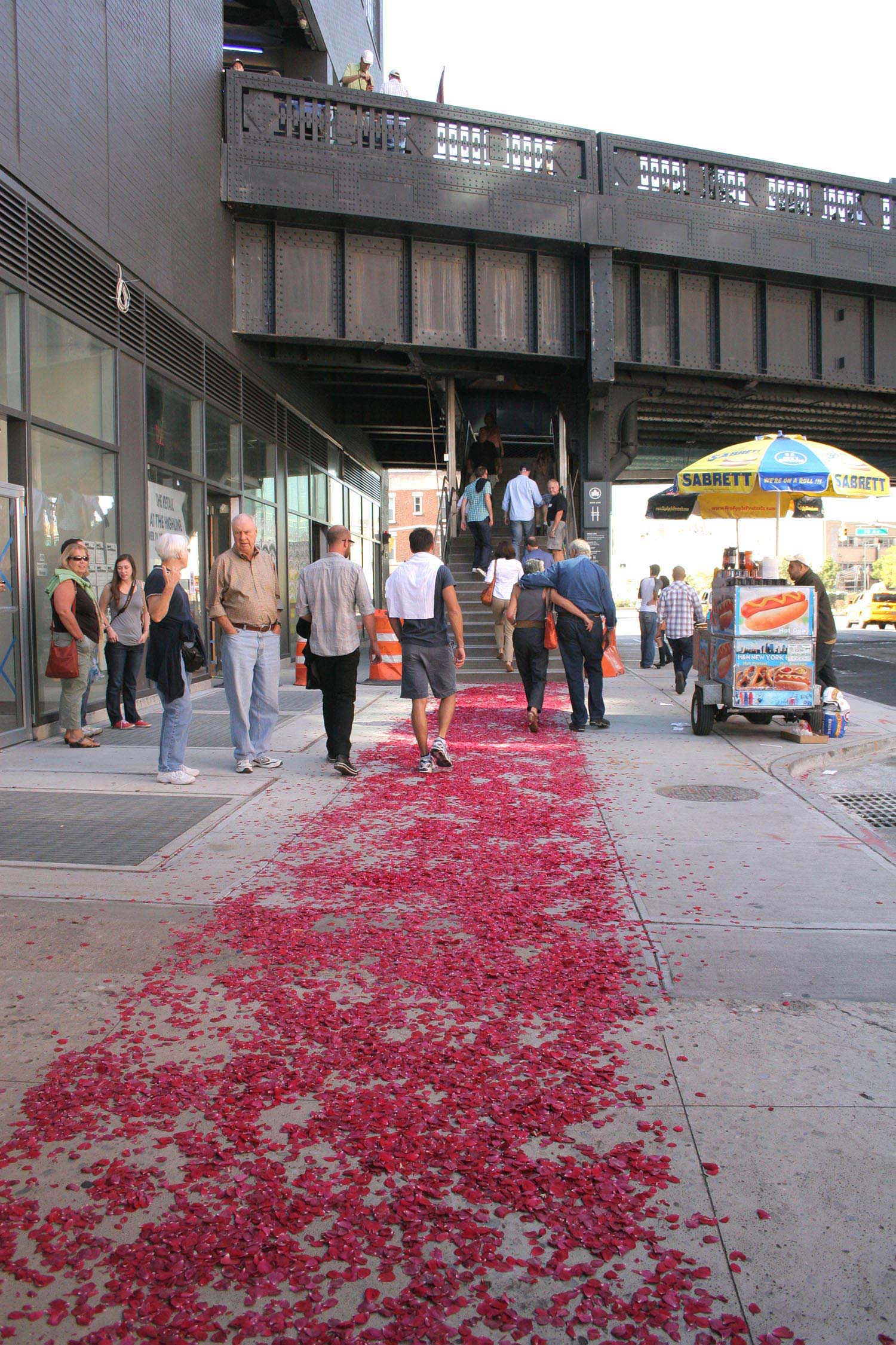 Art in Odd Places, New York, 2011 Processional Walkway was originally created in 2011 for Art in Odd Places , an annual public art festival in New York, NY. It was restaged in 2014 for the Infecting the City public art festival in Cape Town, South Africa and again in 2017 for the Whitney Houston Biennial in New York, NY. The project consists of pathways that I created out of 50,000 red rose petals in the center of each city. I drew inspiration from the processional walkways of ancient temples, sacred passageways designed to purify the visitor and provoke a sense of awe. These modern counterparts offer commuters and passersby purification for the struggles and triumphs of the day ahead. With most people focused on their ultimate destination, the walkways highlight the simple act of walking and elevate it to an event worthy of celebration. Article in Sculpture , September 2012 Photo in Public Art Review , Fall/ Winter 2012