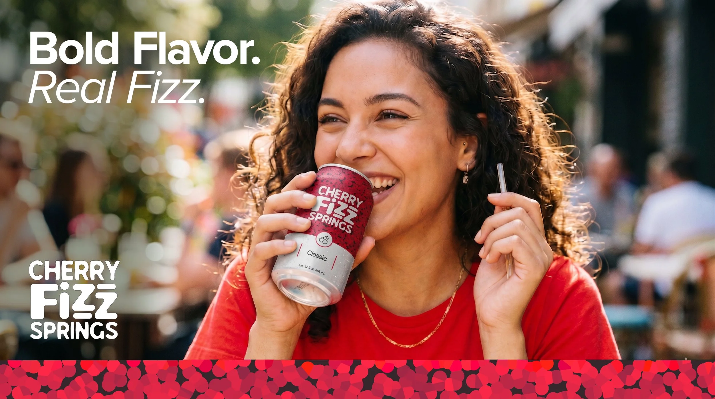 A image of a woman holding a soda brand called Cherry Fizz Springs
