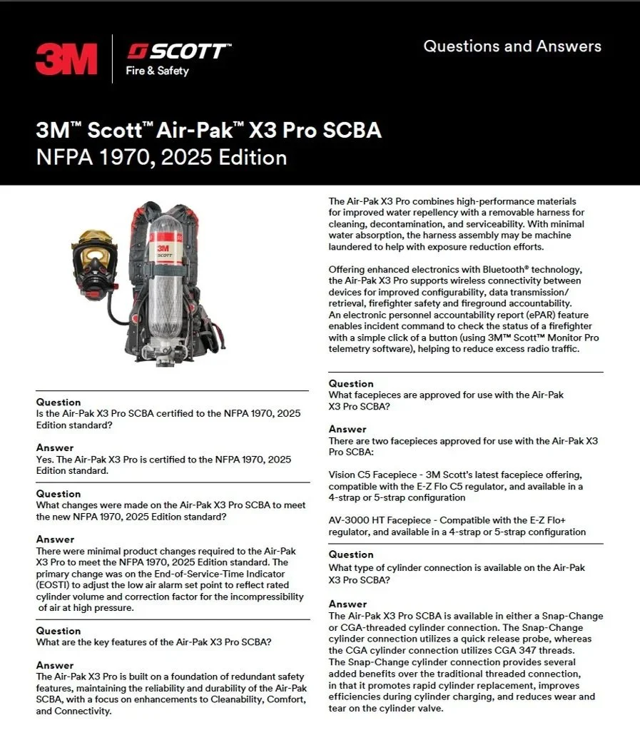 A document titled 'Questions and Answers' about the 3M Scott Air-Pak X3 Pro SCBA, including images of the SCBA gear, with information on features, certifications, and key specifications.