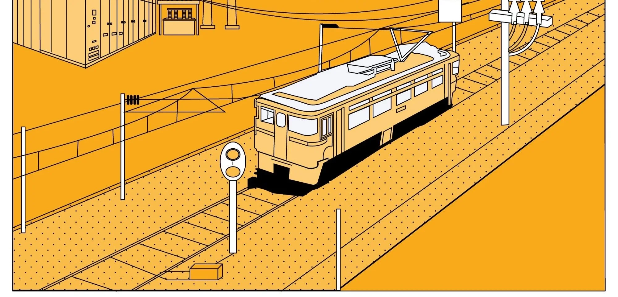 An illustration of an urban landscape with a yellow tram on tracks, surrounded by electrical wiring and poles, with a large building, power lines, and transformer stations in the background under a partly cloudy sky.