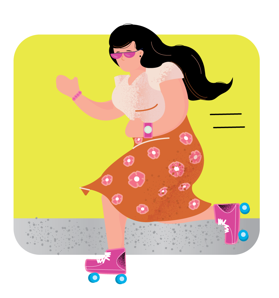 Illustration of woman on beach with roller skates