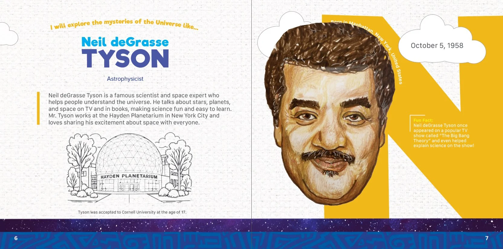 Illustrated portrait of Neil deGrasse Tyson with text about his work as an astrophysicist, including his birth date October 5, 1958, and a fun fact about his appearance on 'The Big Bang Theory'. The background features clouds, a drawing of the Hayden Planetarium, and a starry night sky at the bottom.