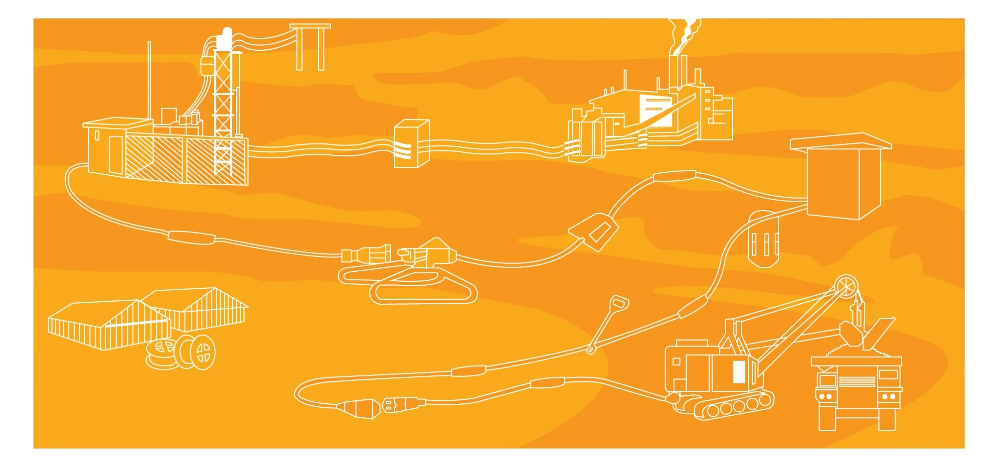 Illustration of industrial processes with factories, power lines, solar panels, and machinery on an orange background.