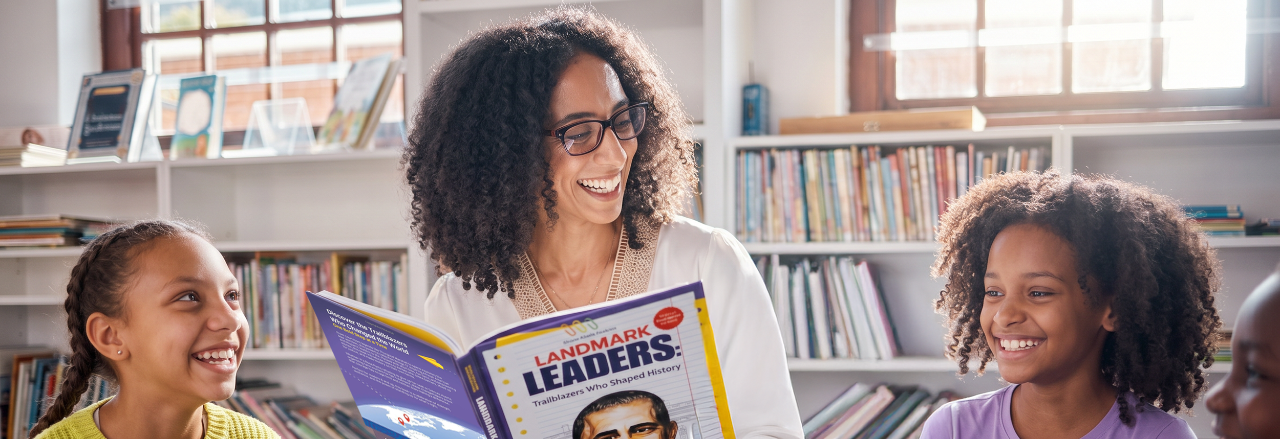 A woman reading a book titled "Landmark Leaders" to two young girls in a library.