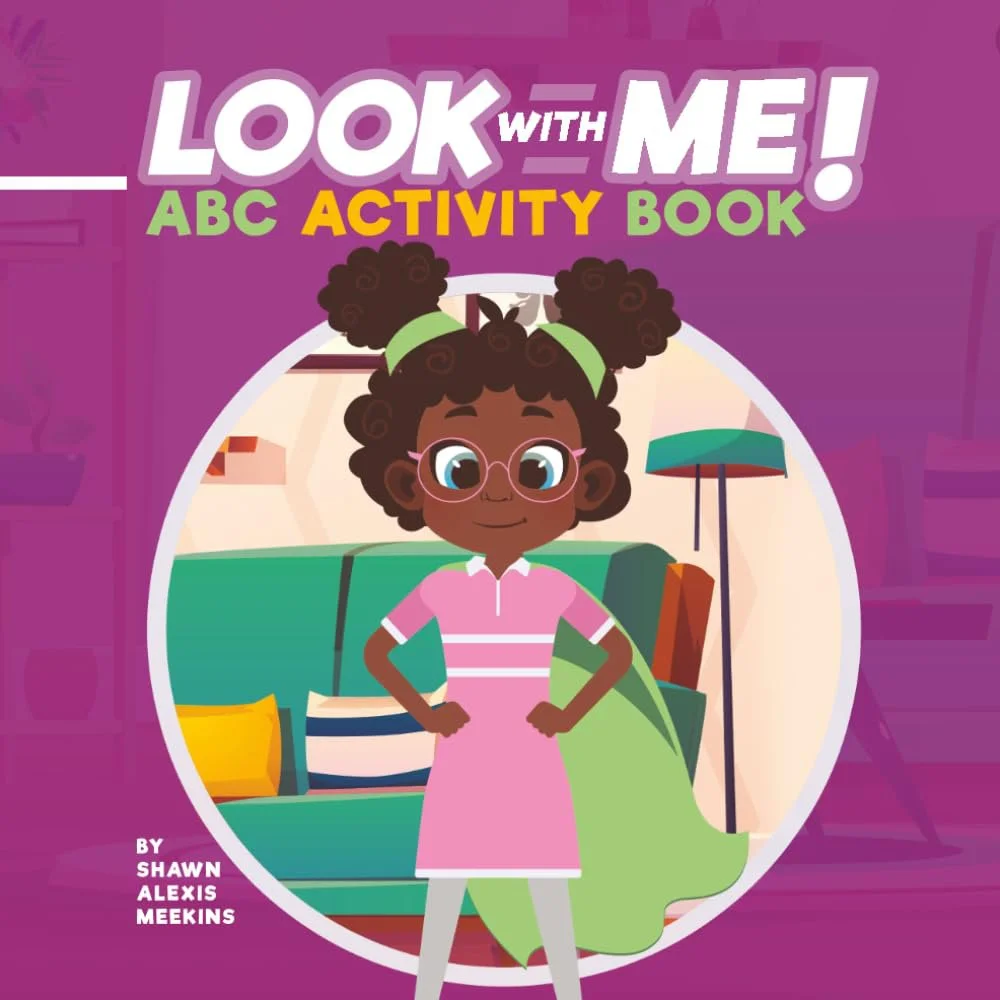 Cover of 'Look with Me! ABC Activity Book' featuring a young girl with dark curly hair, glasses, wearing a pink dress with white stripes, standing confidently in a living room with a green couch, books, and a standing lamp.