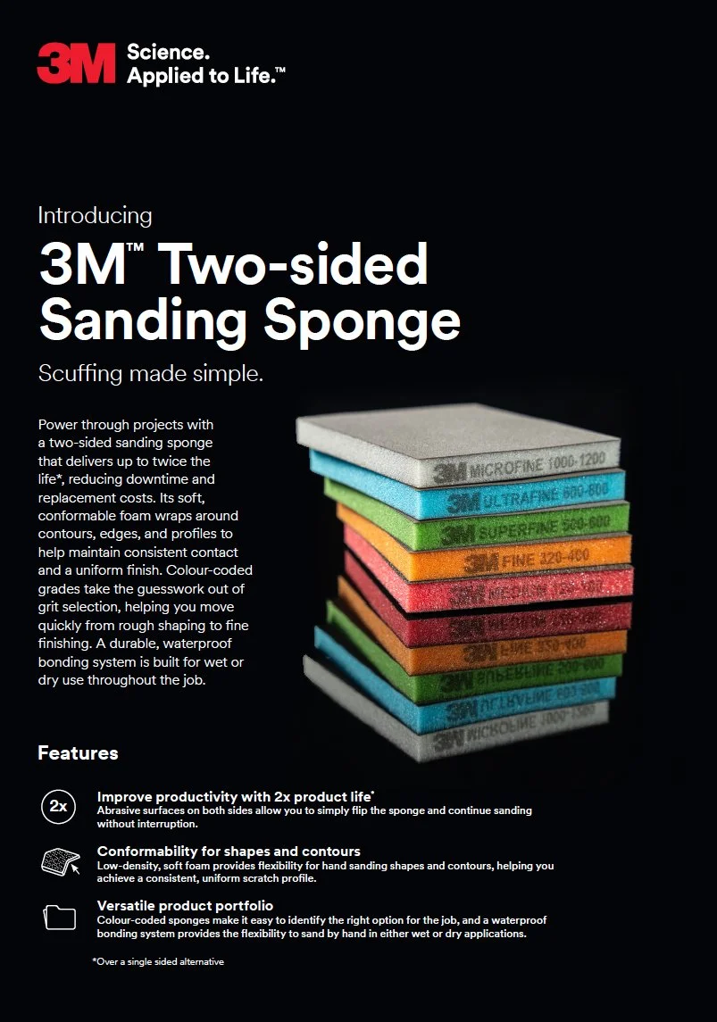 Black background with white and red text, featuring a stack of colorful sanding sponges, and details about the 3M two-sided sanding sponge product and its features.