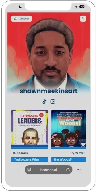 Smartphone screen showing a man with a beard and curly hair, with a background of red and orange. The display includes a user name 'shawnmeekinsart,' and app icons for TikTok and Instagram. Below are book covers titled 'Landmark Leaders' and 'Are You Talking to Me in the Woods?', with options to try for free.