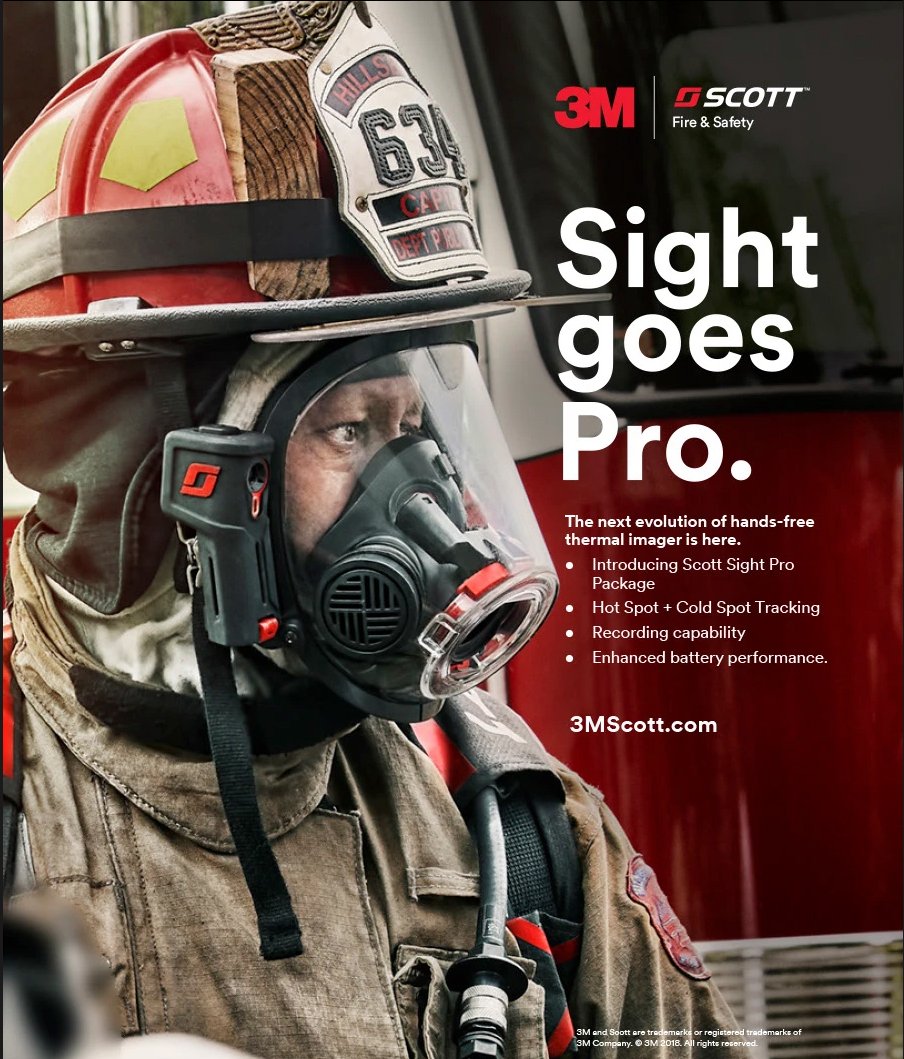 Firefighter wearing a helmet and a mask, with gear, on a fire truck. Promotional text for 3M Scott's Sight Pro thermal imager, highlighting features like hot and cold spot tracking, recording, and battery performance.