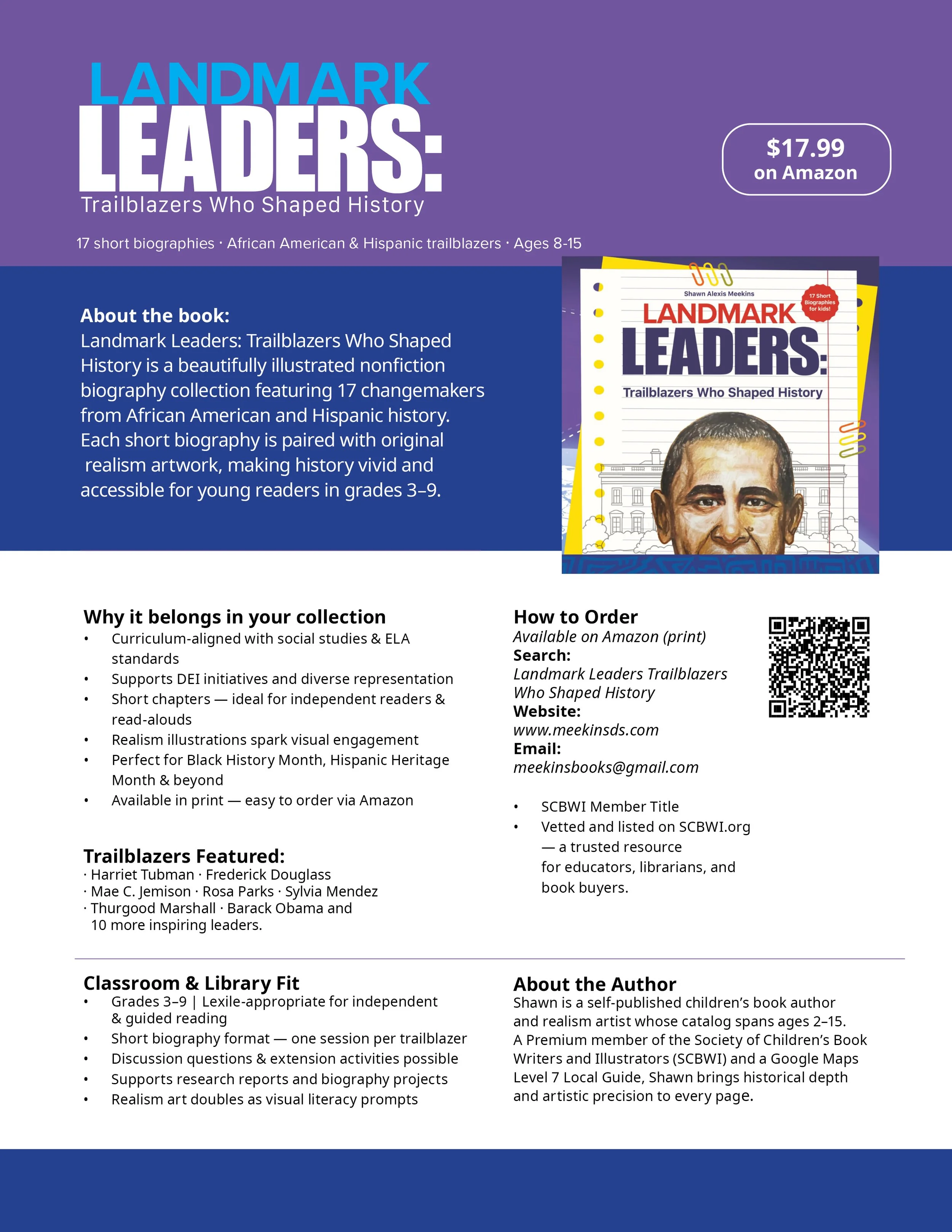 Promotional flyer for the book "Landmark Leaders: Trailblazers Who Shaped History" highlighting its features and purchasing information.
