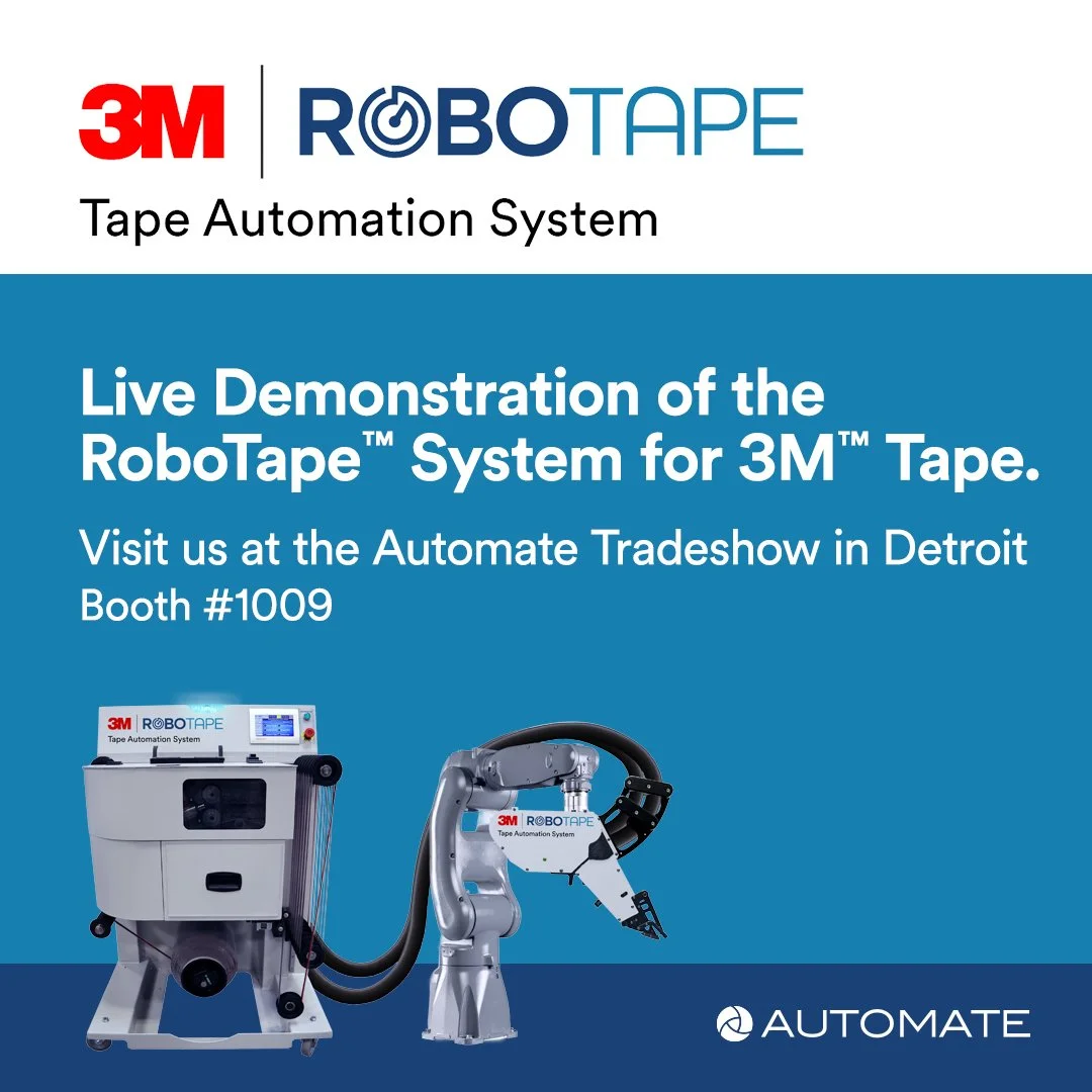 Promotional poster for 3M RoboTape Tape Automation System, featuring a live demonstration at the Automate Tradeshow in Detroit, with images of the RoboTape machine and robotic arm.