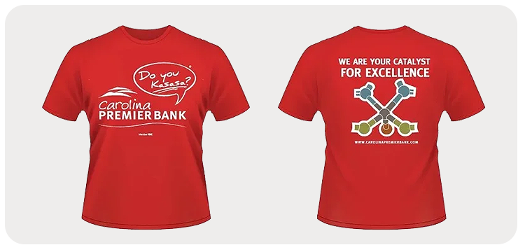 Premier Bank — "We Are Your Catalyst" — red tee