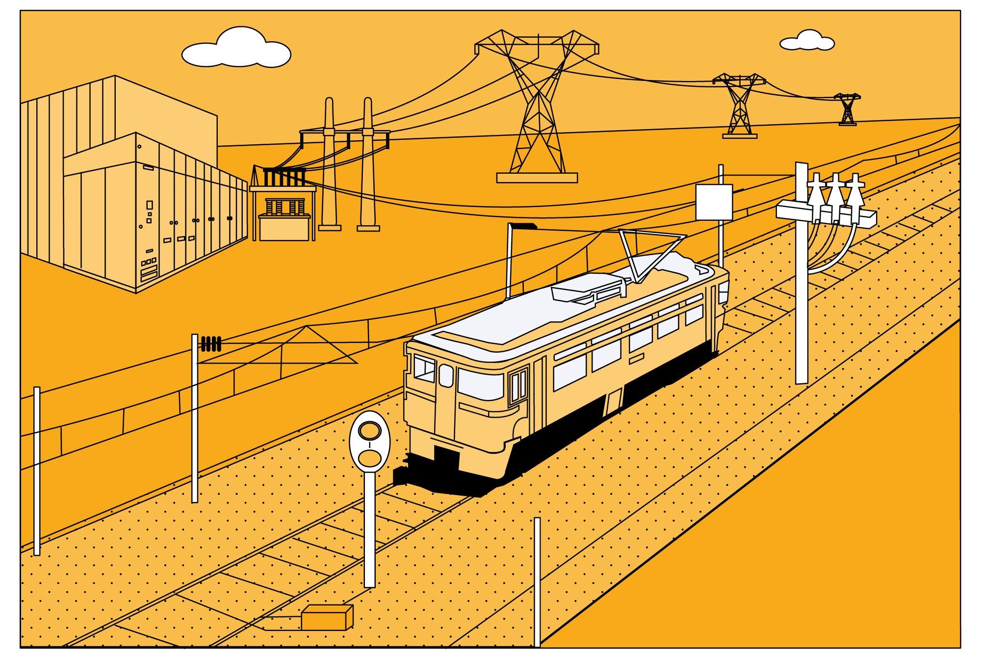 An illustration of an urban landscape with a yellow tram on tracks, surrounded by electrical wiring and poles, with a large building, power lines, and transformer stations in the background under a partly cloudy sky.