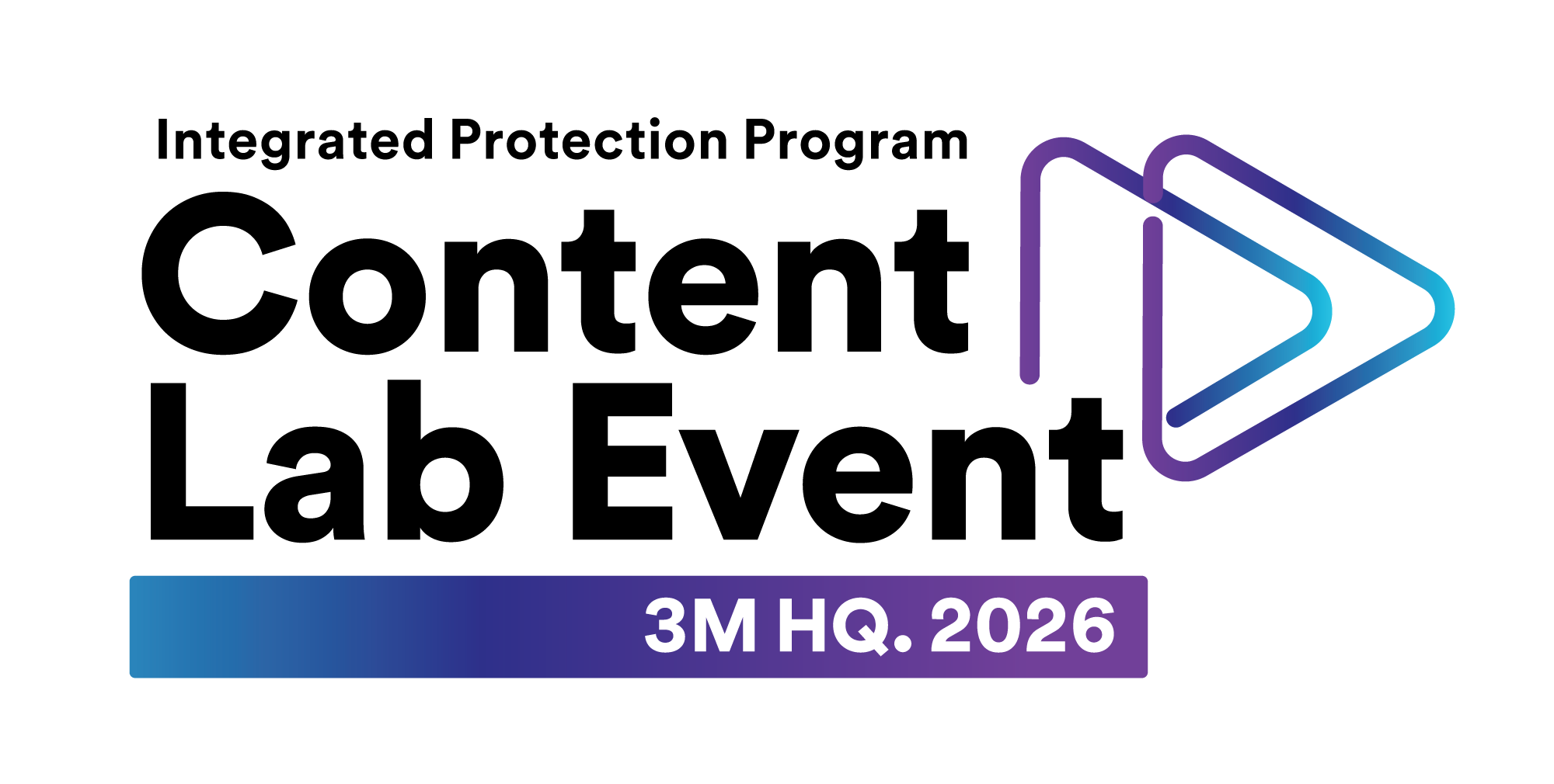 Futuristic logo with geometric design and gradient colors, labeled '3M HQ. 2026' in purple and blue