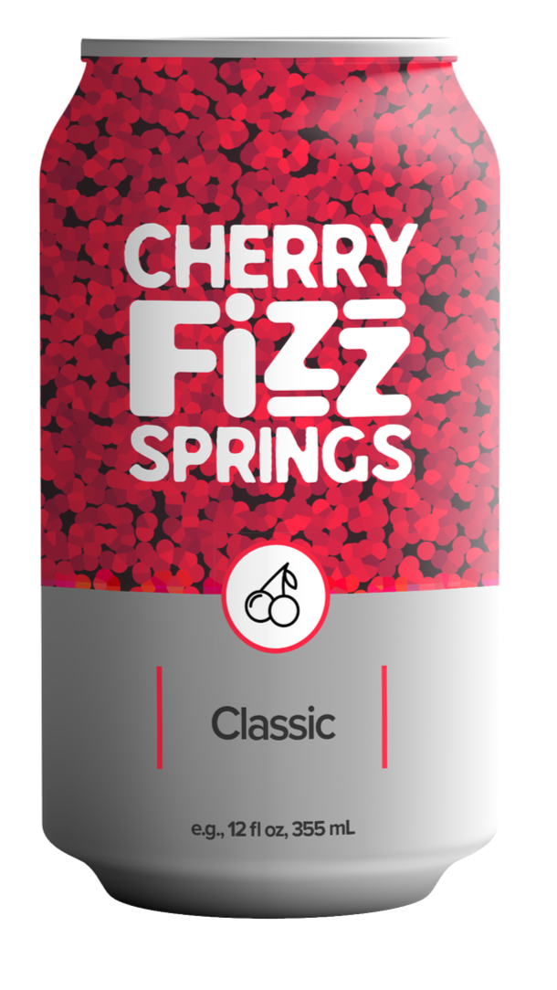 An example of a mockup soda can called Cherry Fizz Springs. Classic. 12 fl oz.