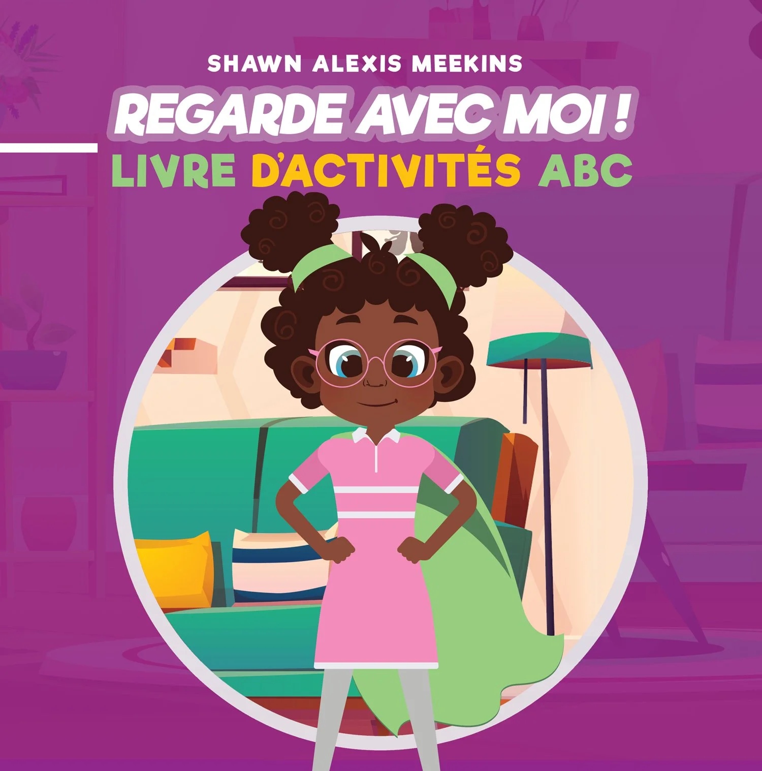 Book cover featuring a cartoon girl with curly hair, glasses, wearing a pink dress, standing in front of a green backpack, with books and a yellow bag behind her. The background is purple with text in French.