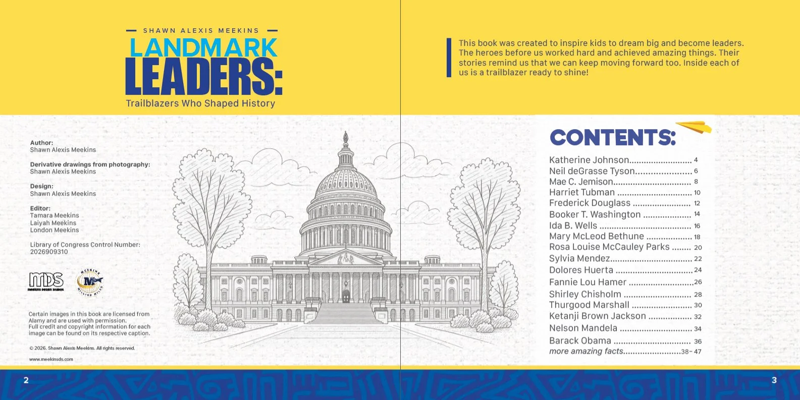Open book with a black and white illustration of the U.S. Capitol building, trees, and clouds on left page and a contents list on the right page. The book title is 'Landmark Leaders: Trailblazers Who Shaped History' by Shawn Alexis Meekins.
