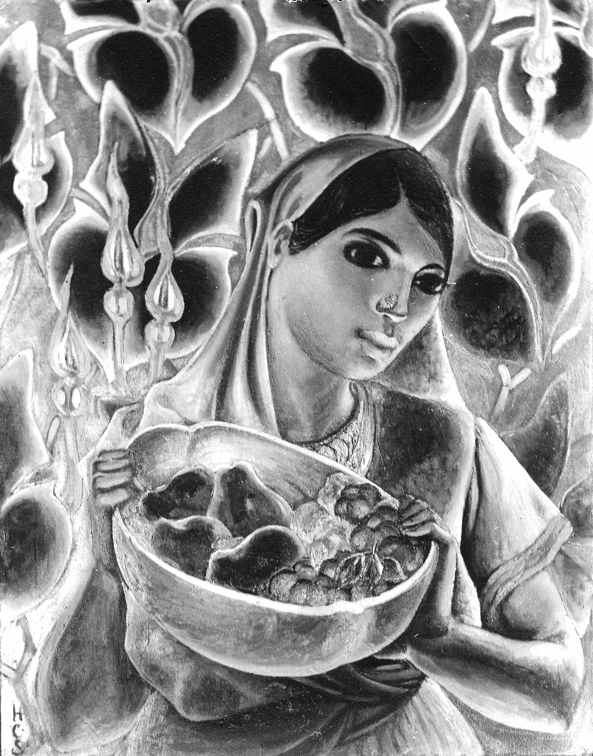 Indian Woman with Bowl of Fruit