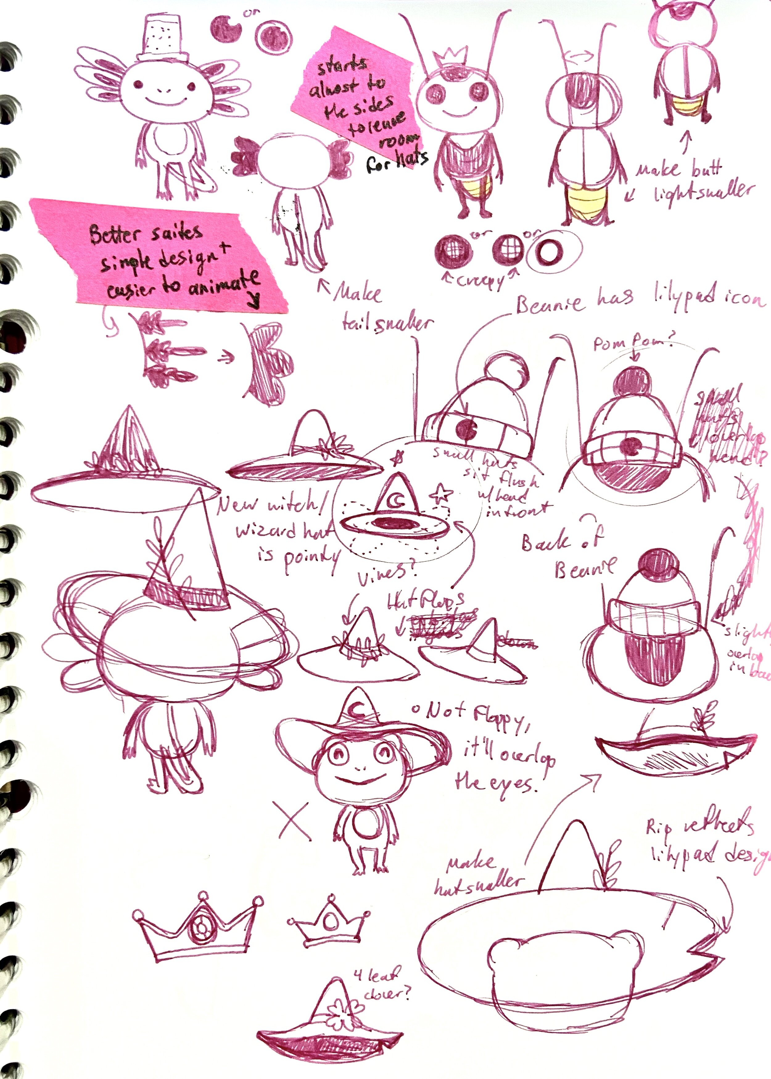  More thought into the Firefly and Axolotl models, as well as early hat designs for the beanie, mage hat, crown, and thimble. 