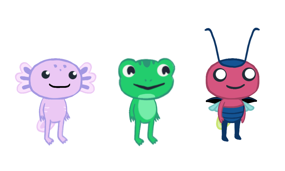  Lineup of the final character choices: Axolotl, Frog, and Firefly. 