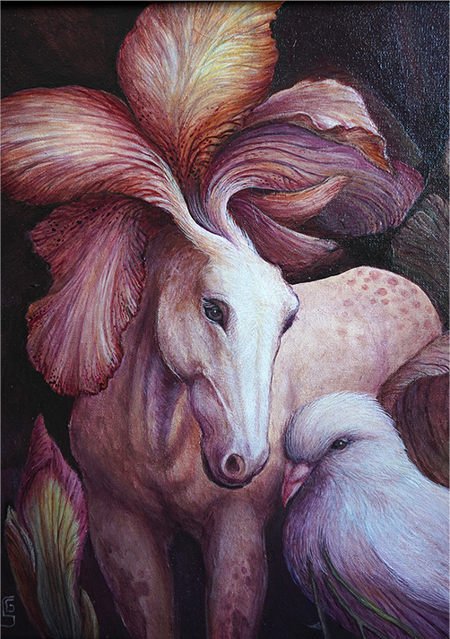 painting surrealism horse pink irises white dove