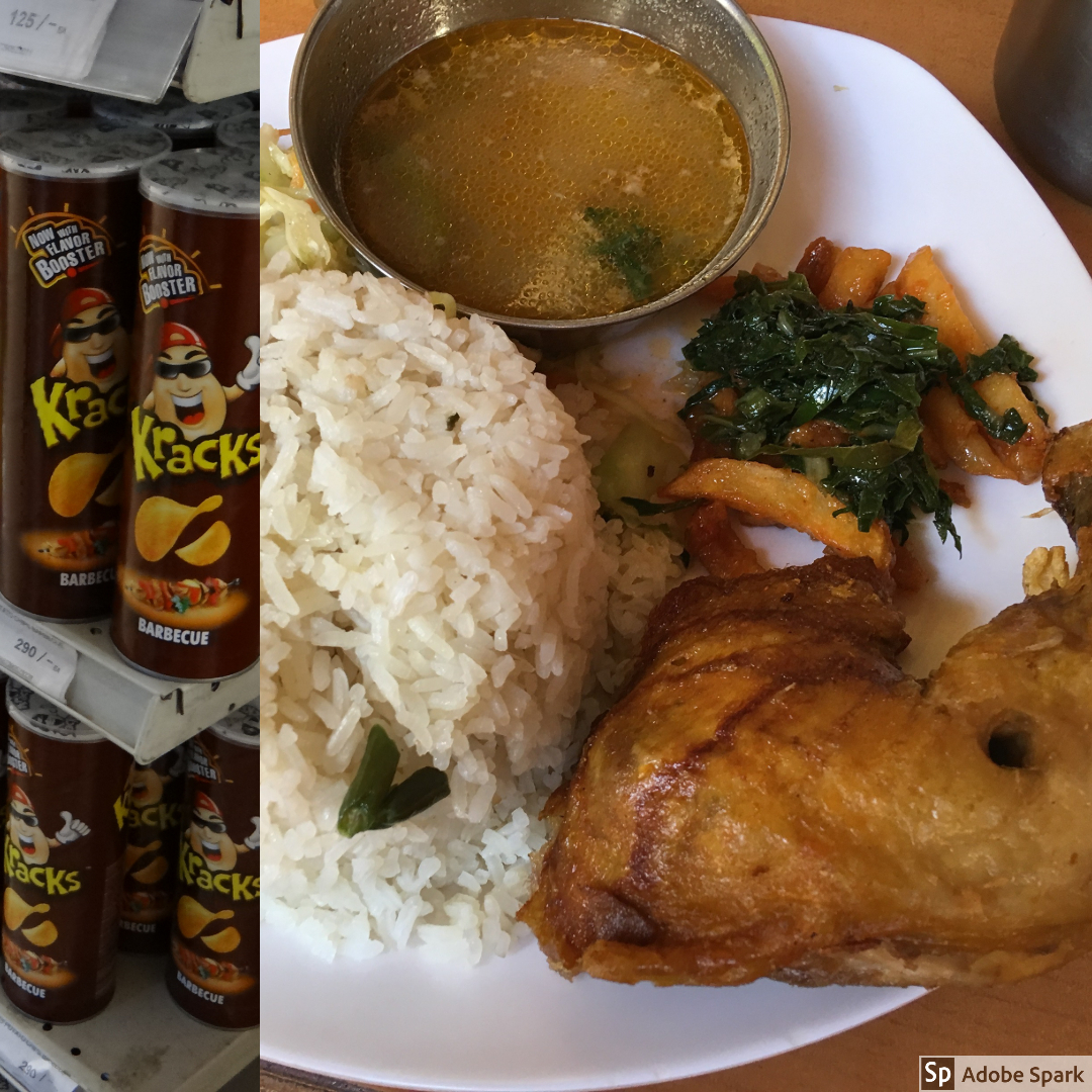  On the left, we have a picture that resembles Pringles. This picture was taken at a grocery store in Nairobi before hitting the road. On the right was a lunch that we had on at a restaurant along the road. We had rice, chicken vegetables, and a grav