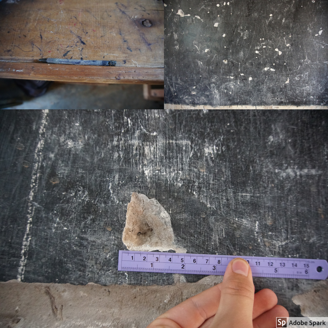  This is an example of some of the supplies that were in the classrooms at HIP. The chalk boards were generally made of a black paint. As the boards got used, the towels they used to wipe the board did not always remove all the chalk dust, and holes 