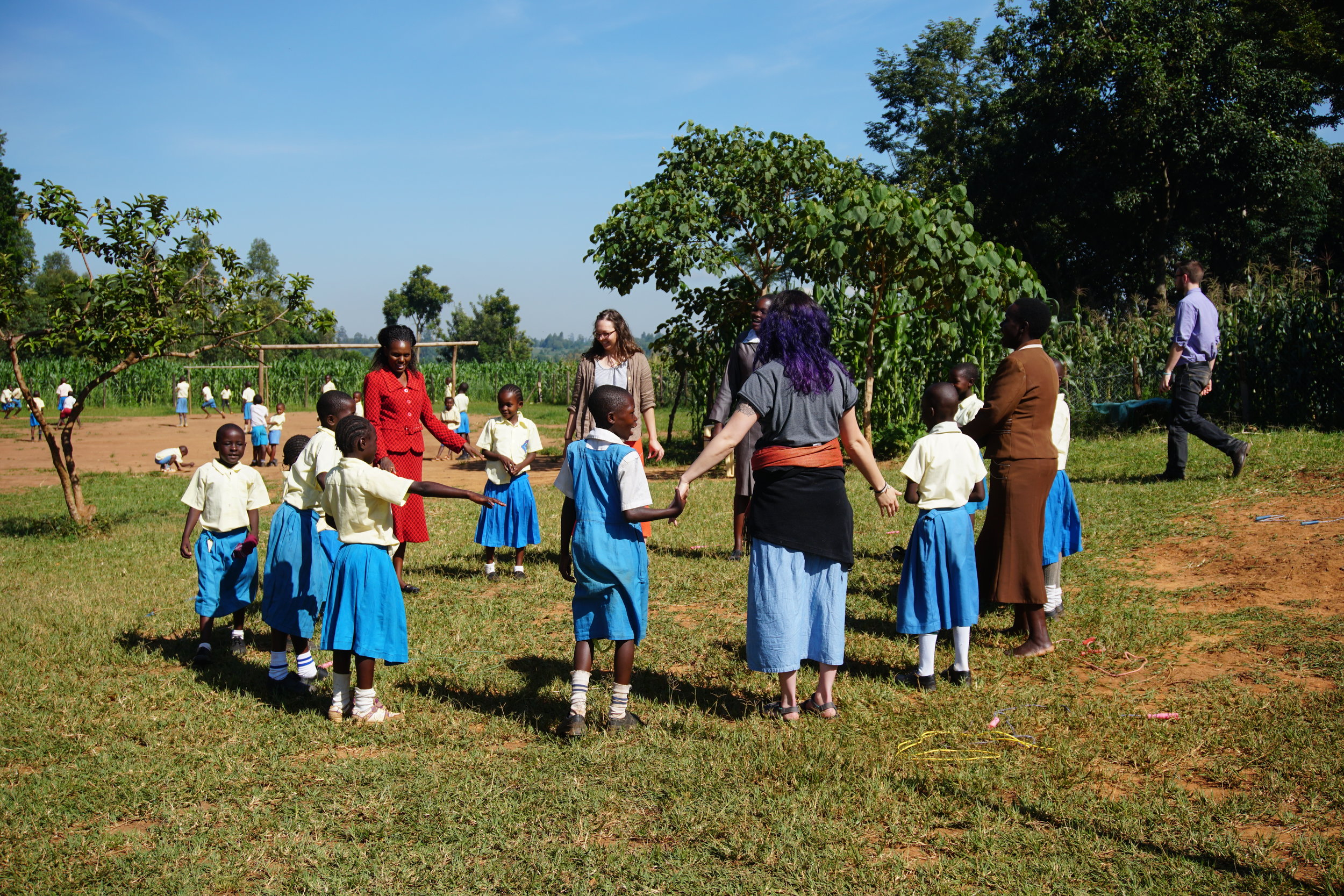  During morning recess, some of the students went off to the soccer pitch to play, while others decided to teach Brook and Natalie how to play the game, "I Lost a Letter", which is very similar to the American game, "Duck, duck, goose". 