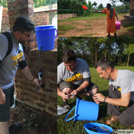 Connor and John were our water gurus. John cut holes in all the buckets while Connor helped install the water filters for the members of the community. On the top right, we have the matron of a family that attends the school carrying her new water f